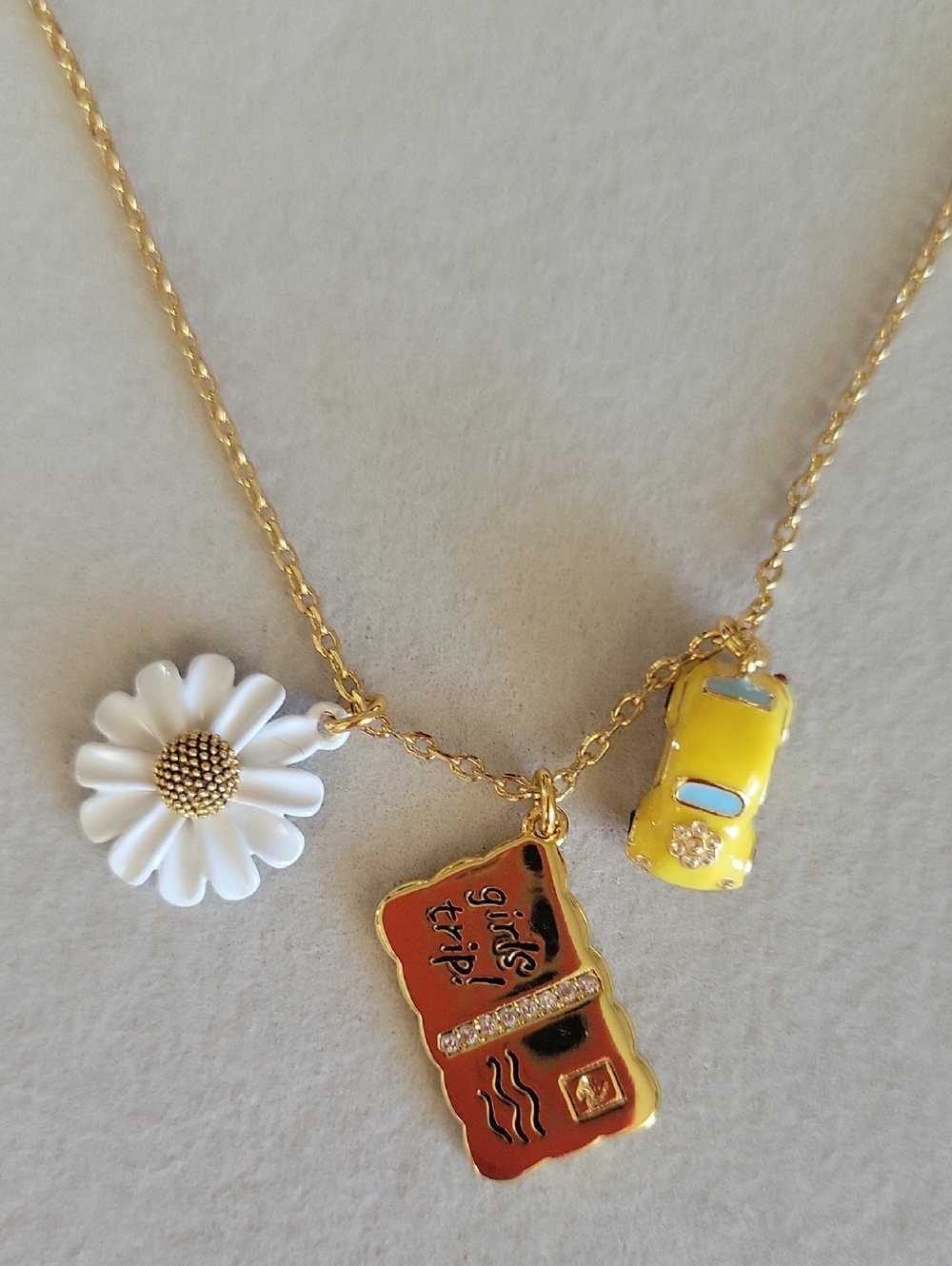 Kate Spade Gold Chain Necklace with Daisy, Yellow Car & 'Girls Trip' Charm